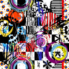 semless abstract background composition, with circles, paint strokes and splashes, black and white