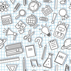 Seamless pattern with school supplies on checkered background. Vector illustration