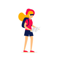 Girl with a map, travel, vacation, rest, adventure. Flat style vector illustration.