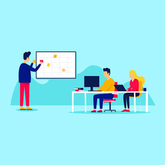 Teamwork, analysis, brainstorming, improving work. Flat style vector illustration.