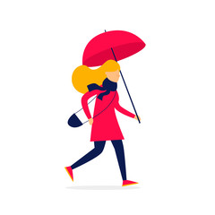 Girl running with an umbrella, autumn, rain. Flat style vector illustration.