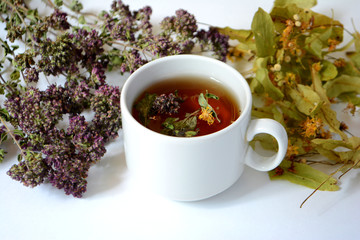 Cup of herbal tea and herbs on a light background.