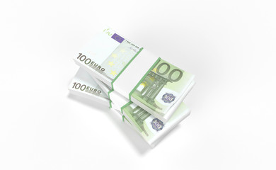 3D realistic render of 100 Euro money lots forming a pile isolated on white background.