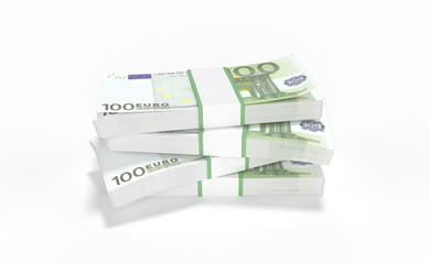 3D realistic render of 100 Euro money lots forming a pile isolated on white background.