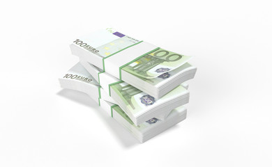 3D realistic render of 100 Euro money lots forming a pile isolated on white background.
