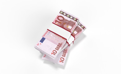3D realistic render of 10 Euro money lots forming a pile isolated on white background.