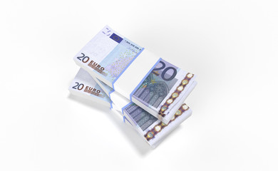 3D realistic render of 20 Euro money lots forming a pile isolated on white background.
