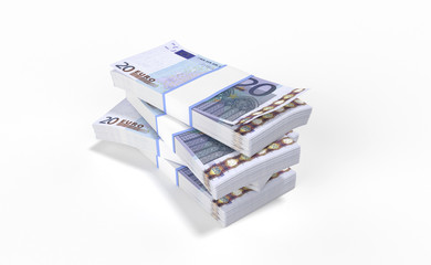 3D realistic render of 20 Euro money lots forming a pile isolated on white background.