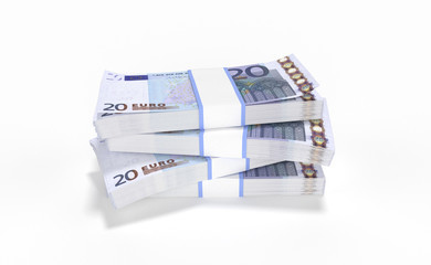 3D realistic render of 20 Euro money lots forming a pile isolated on white background.