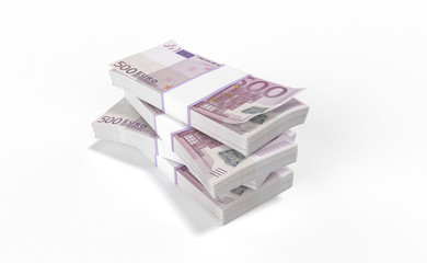 3D realistic render of 500 Euro money lots forming a pile isolated on white background.