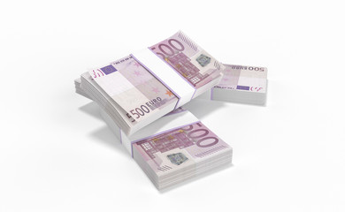 3D realistic render of 500 Euro money lots forming a pile isolated on white background.