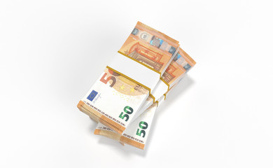 3D realistic render of 50 Euro money lots forming a pile isolated on white background.