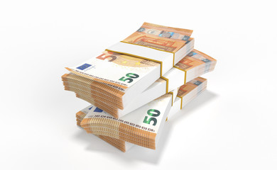 3D realistic render of 50 Euro money lots forming a pile isolated on white background.