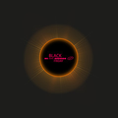 Black Friday sale and sun poster or banner. Glowing colorful circle with red light effect on black abstract background. Design template for shopping