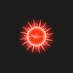 Black Friday sale and sun poster or banner. Glowing colorful circle with red light effect on black abstract background. Design template for shopping
