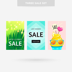 Three bright Sale banners, cheerful summer advertising, colorful tropical illustration for menu cafe, bar, web, mobile, logo, infographics, postcards, T-shirt, banner, poster, promotion, advertising 