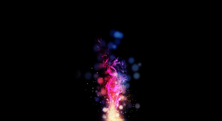 Dark abstract bokeh background, magic smoke and sparks, neon