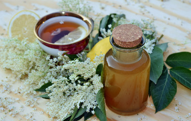 Tea and elderflower syrup and oil
