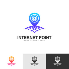 Logo, icon or sign. A pointer to the location of the network address on the world map grid. Isolated on white background. Vector illustration Eps10