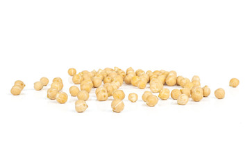 Lot of whole raw chickpeas kabuli variety isolated on white background