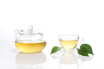 asian tea set with leaf isolated white