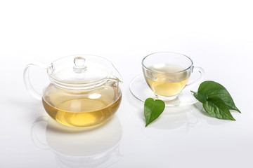 asian tea set with leaf isolated white