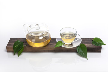 asian tea set with leaf isolated white