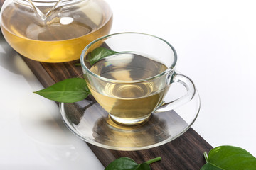 asian tea set with leaf isolated white