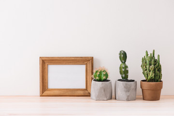 Modern room decoration. Various cactus and succulent plants in different pots. Mock-up with a wooden frame.