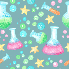cartoon watercolor seamless pattern. school supplies. back to school. flasks, bubbles, stars on a blue background