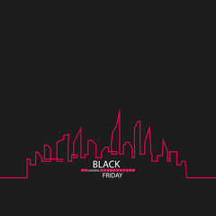 Black Friday in the City the Perfect Sale. White Ribbon Banner in Flat Style on a Black Background with an Abstract City Skyline with Loading Bar. Vector Illustration