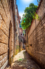 Beautiful narrow streets of old town Kotor, Montenegro.
