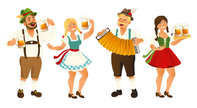 People in traditional German, Bavarian costume holding beer mugs, Oktoberfest, cartoon vector illustration isolated on white background. Full length portrait of German people in traditional costumes