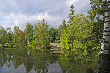 Fototapeta na wymiar The autumn landscape. The pond. The bridge.