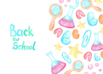 cartoon watercolor banner back to school. School supplies magnifier, bulb, letters, clip, bubbles on white background