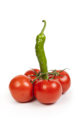 Tomatoes and Fefferoni, Mediterranean semi-hot pepper on white