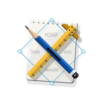 Pencil cross ruler with sketchbook. symbol of design. Personal Skills. Imagination and Mind Power concept - vector
