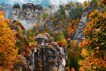 Sandstone rock tower in the deep autumn valley of national park Bohemian Switzerland - 216822910