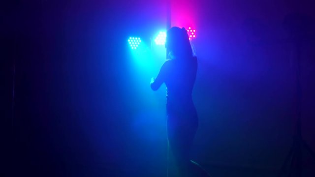 Young slim woman's silhouette dancing near the pole in dark room. Sexy Nude girl dancing erotic dance in the dark with smoke and blue spotlights. Sexy ass.