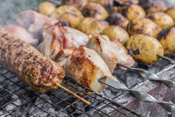 Kebab and pieces of fried meat on a grill. Close up