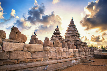 Photo shot on sunrise time where the historical buildings of Mamallapuram monuments are highlighted. 