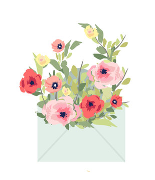 Envelope with spring summer greenery. Hand painted floral card with flower.Can be used as invitation card or wedding, birthday and other holidays.