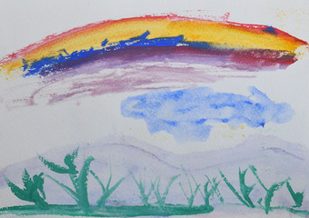 Children's drawing: green grass and rainbow. Drawing in watercolor