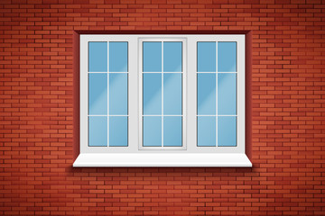 Metal plastic PVC big window in brick wall. Outdoor view. Presentation of models and frame installation. White color. Sample Vector Illustration isolated on white background.