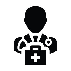 First aid icon vector male doctor person profile avatar with Stethoscope and first aid kit bag for Medical Consultation in Glyph Pictogram illustration