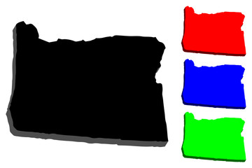 3D map of Oregon (United States of America, The Beaver State) - black, red, blue and green - vector illustration