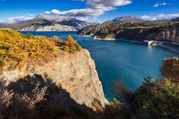 Fototapeta na wymiar Serre Poncon Lake in Autumn. Hautes-Alpes, European Alps, France
