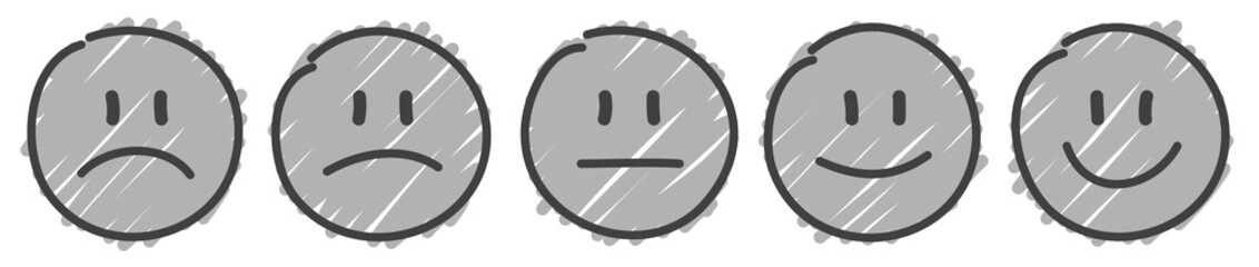 5 Handdrawn Grey Faces Feedback/Mood