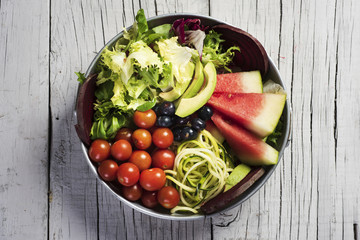buddha bowl on a white wooden table