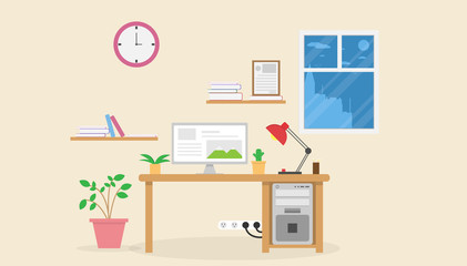 Interior office business.indoor background with table and computer.vector and illustration
